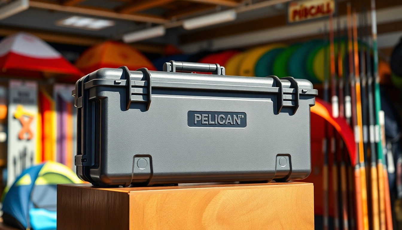 Examine a pelican gun case for sale, highlighting its durable design in a vibrant store setting.