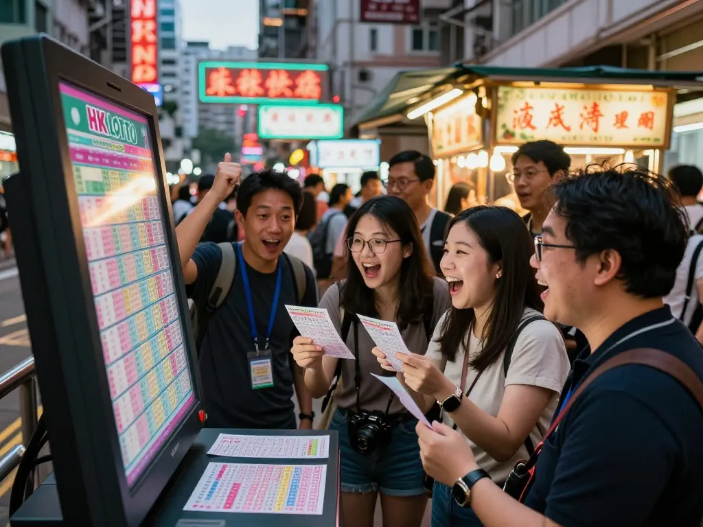 Pemain yang bersemangat memeriksa tiket mereka untuk hasil HK Lotto di tengah kehidupan malam Hong Kong yang meriah.
