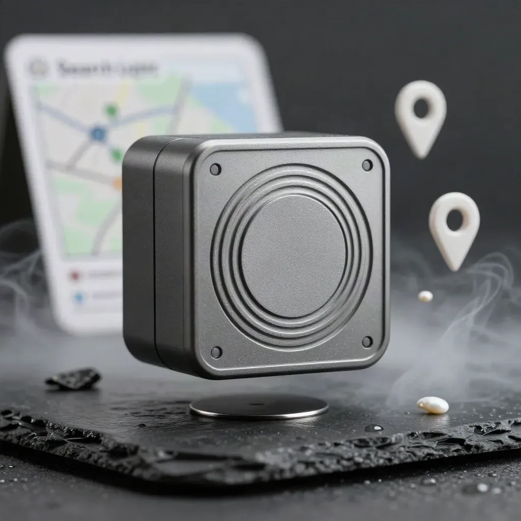 Graphite tracker cube hovering above wet slate with map shards, vapor and white markers.