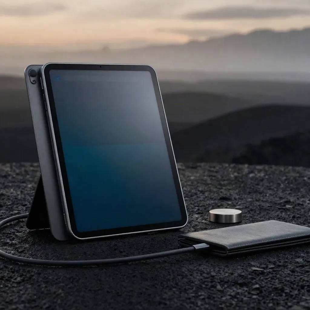 Charcoal analytics tablet with slate, folio, puck and cable on a dark misty studio surface.