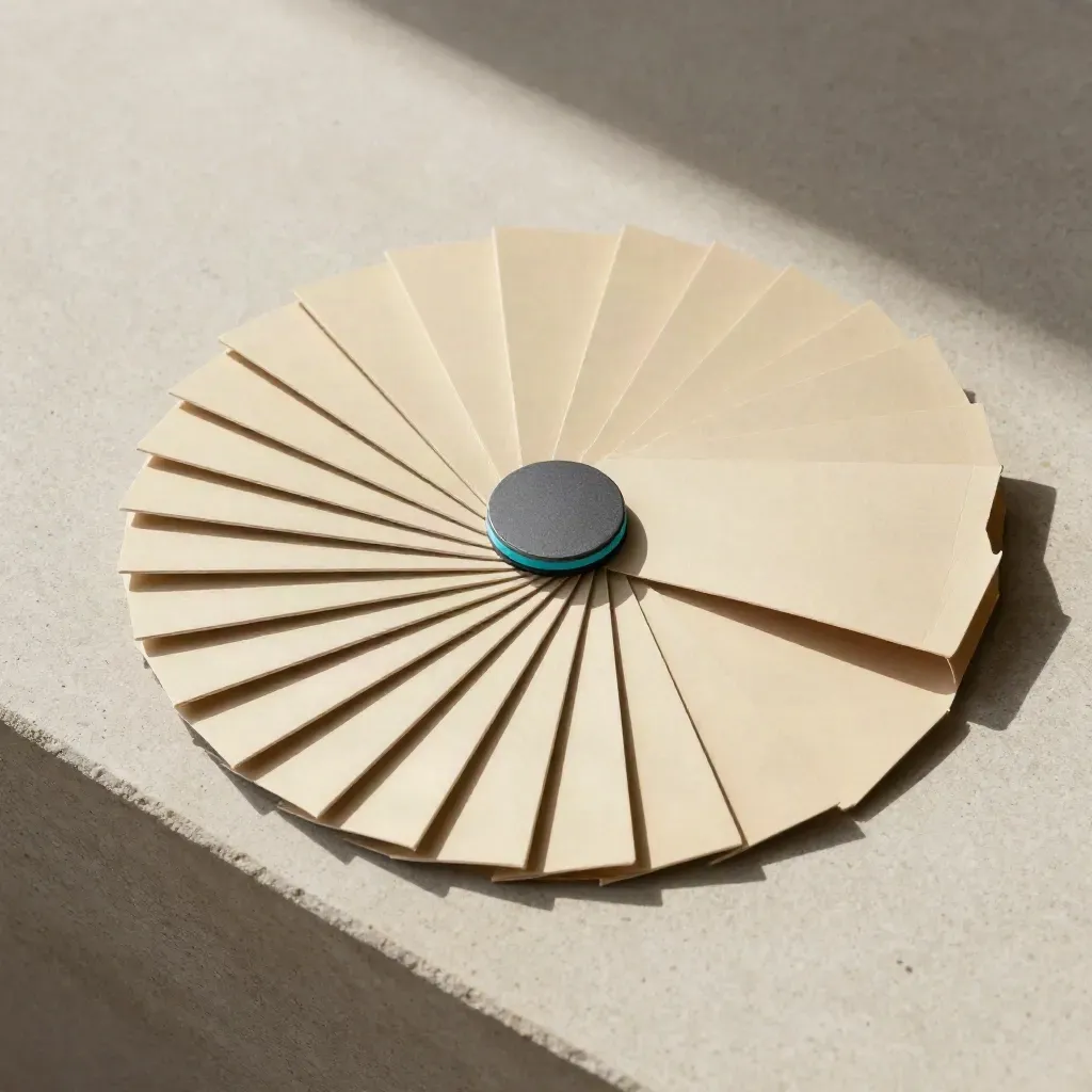 Overhead flatlay of a search alert pack, notification puck, and folded inserts on pale stone.