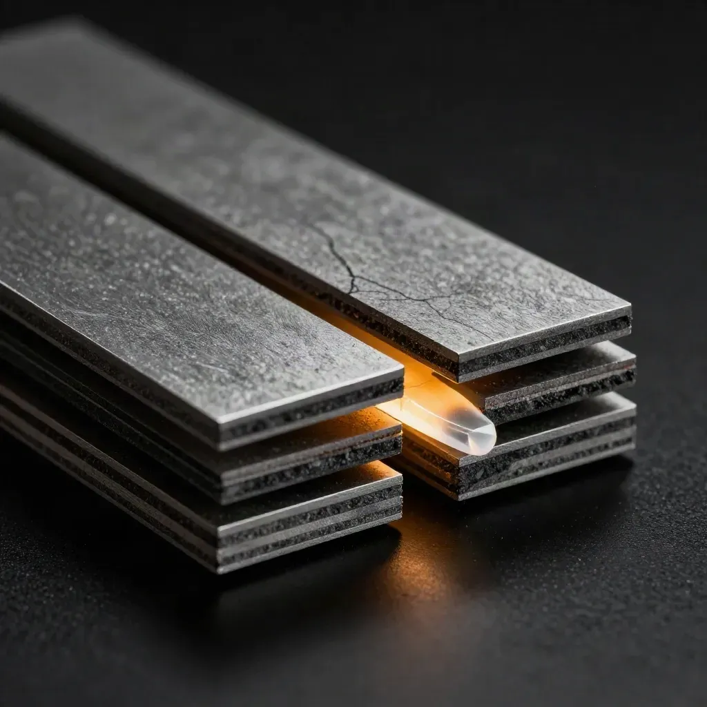 Layered acetate gap map with graphite plates and amber-lit translucent shard on matte black.