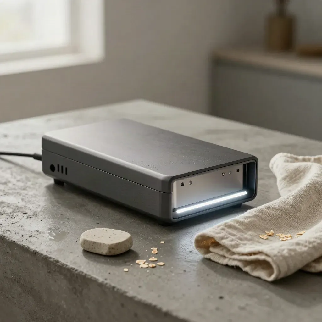 Matte inspection device on damp concrete with linen cloth and calibration stone