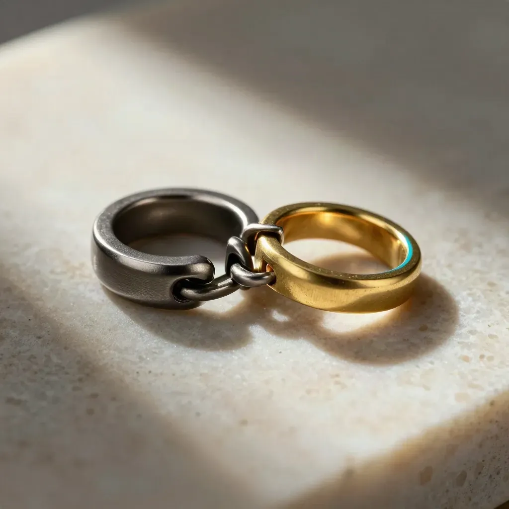 Dark metal link rings with a brass accent on pale travertine under soft studio light.