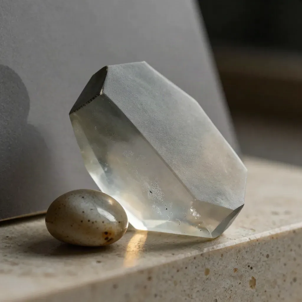 Macro of a translucent prism, matte device slice, and ceramic pebble on travertine.