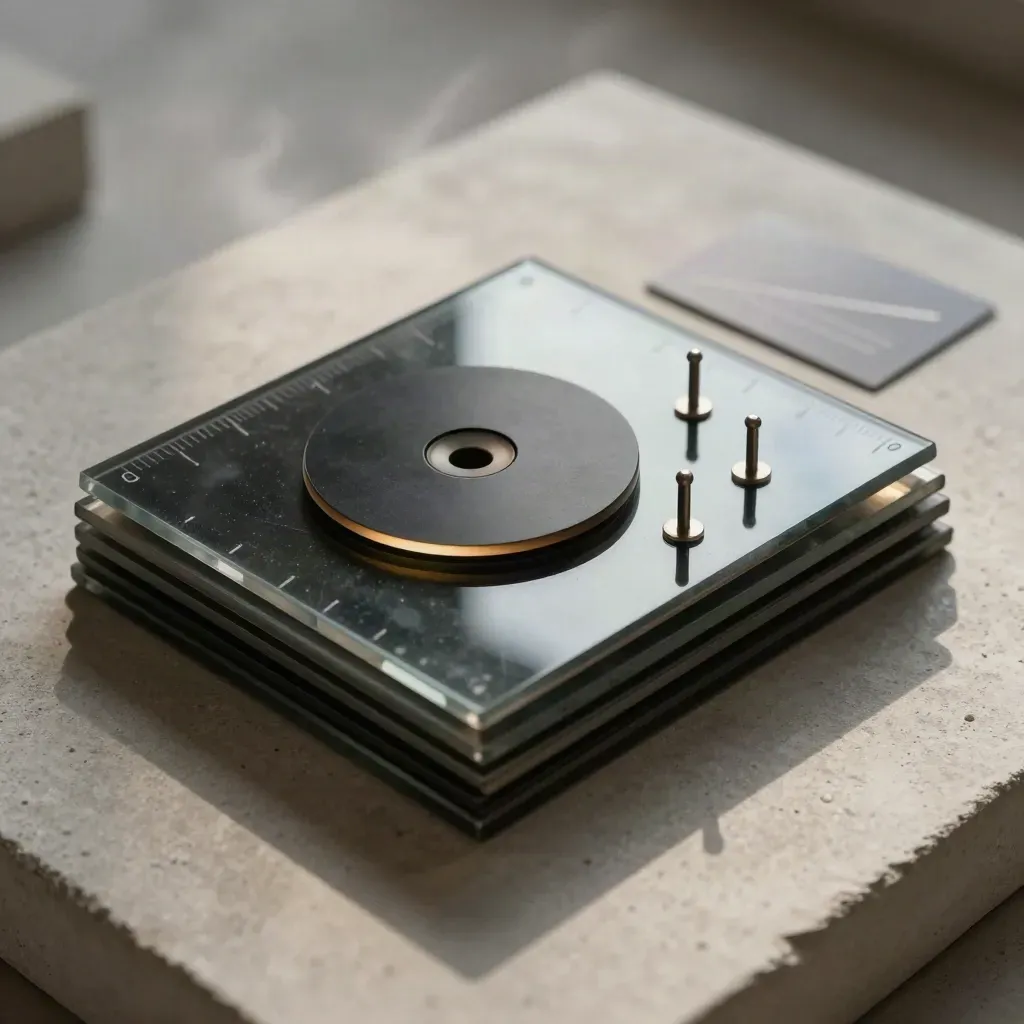 Overhead flatlay of dark glass tiles, a locator disc and alignment pins on concrete