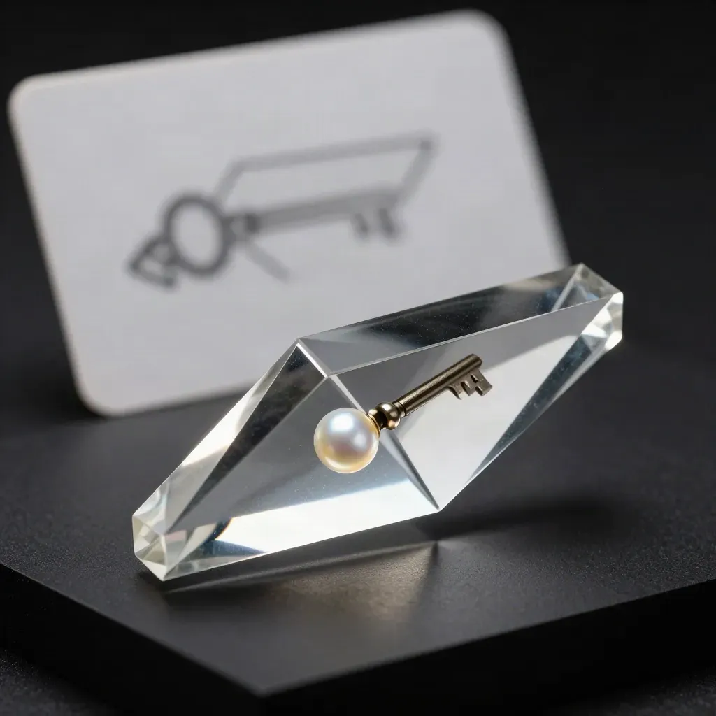 Split-layer acrylic prism hovering open with a visible gap on a matte-black surface