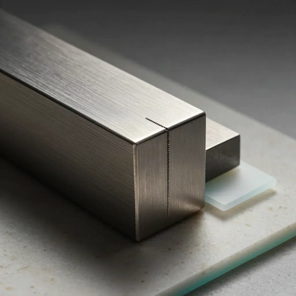 Brushed-metal analytics blocks on travertine, lit by a hard rim, with a blurred dark backdrop.