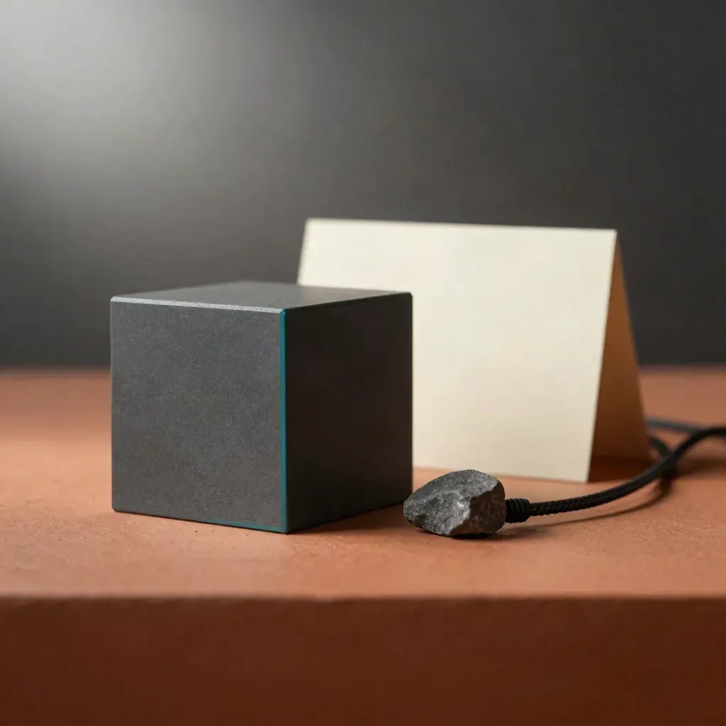 Charcoal diagnostic cube with a cyan pulse beside a cable loop on a terracotta plinth.