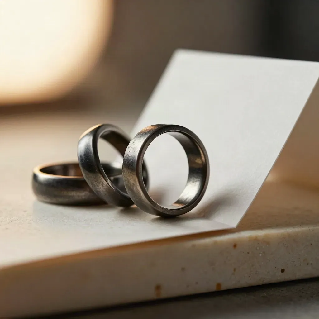 Dark metal ring cluster with one ring slipping free beside a folded paper strip in hazy light.