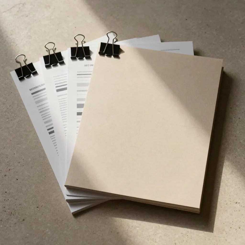 Overhead flatlay of report panels, binder clips and a slim folio on warm stone.