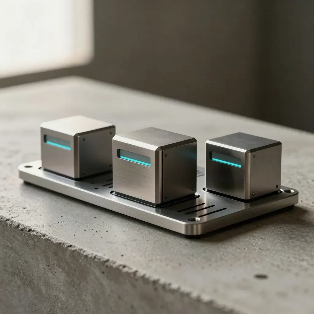 Three brushed tracker modules assembling on concrete, cyan status slit, dust in soft rim light