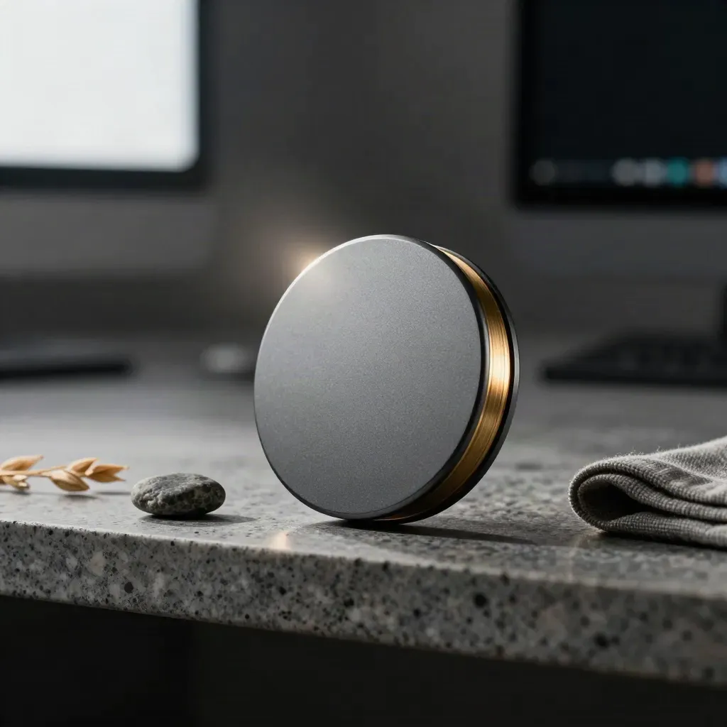 Matte graphite site-audit puck, companion stone, and folded sleeve on travertine with amber scan light.