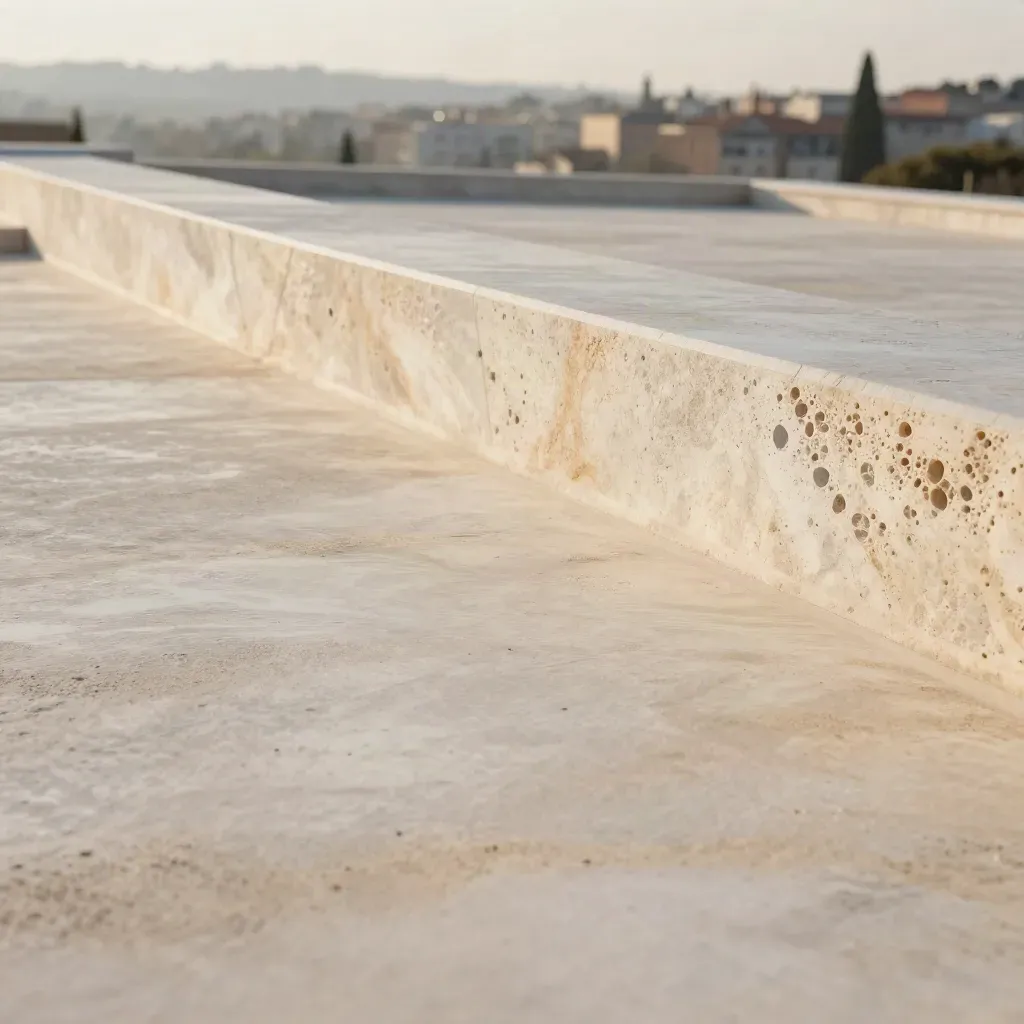 Sunlit travertine terrace with stone ridge, blurred skyline, and calm open space below.