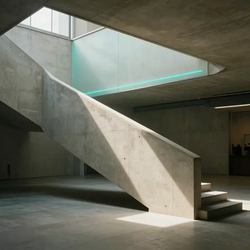 Sunlit concrete atrium with stair landing, skylight slit, and calm floor space for copy.