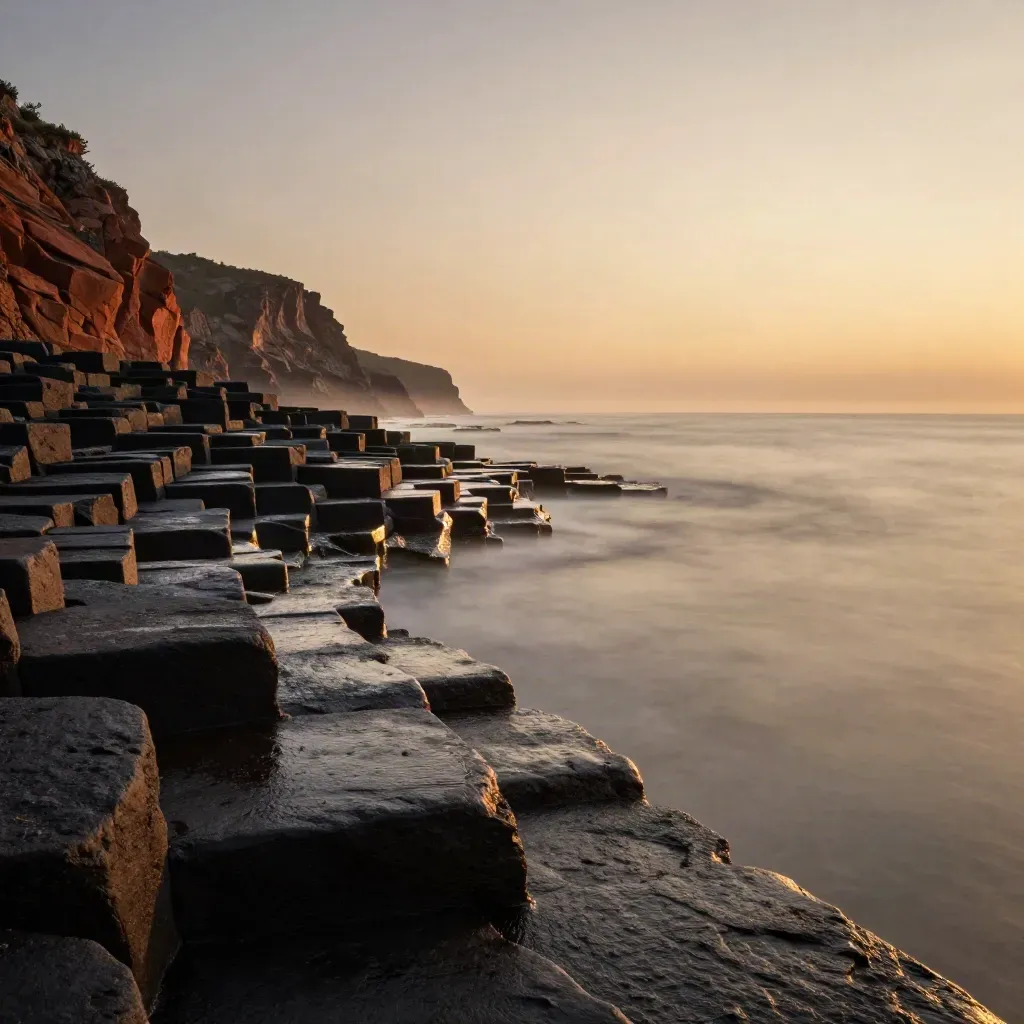 Golden coastal basalt terrace with wet steps, tide line, and sea haze at sunset.
