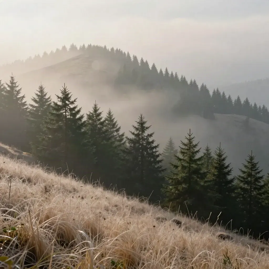 Misty pine ridge emerging at dawn with pale grasses and soft valley haze.