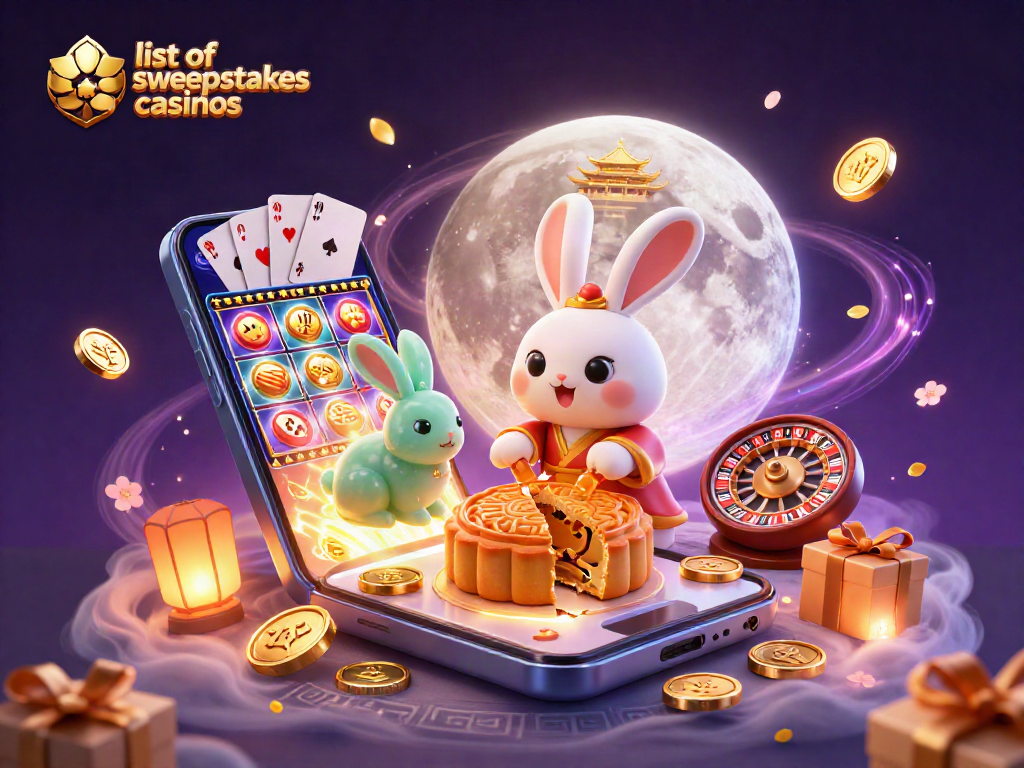 Experience the excitement with the list of sweepstakes casinos showcasing vibrant casino elements amidst a magical lunar scene.