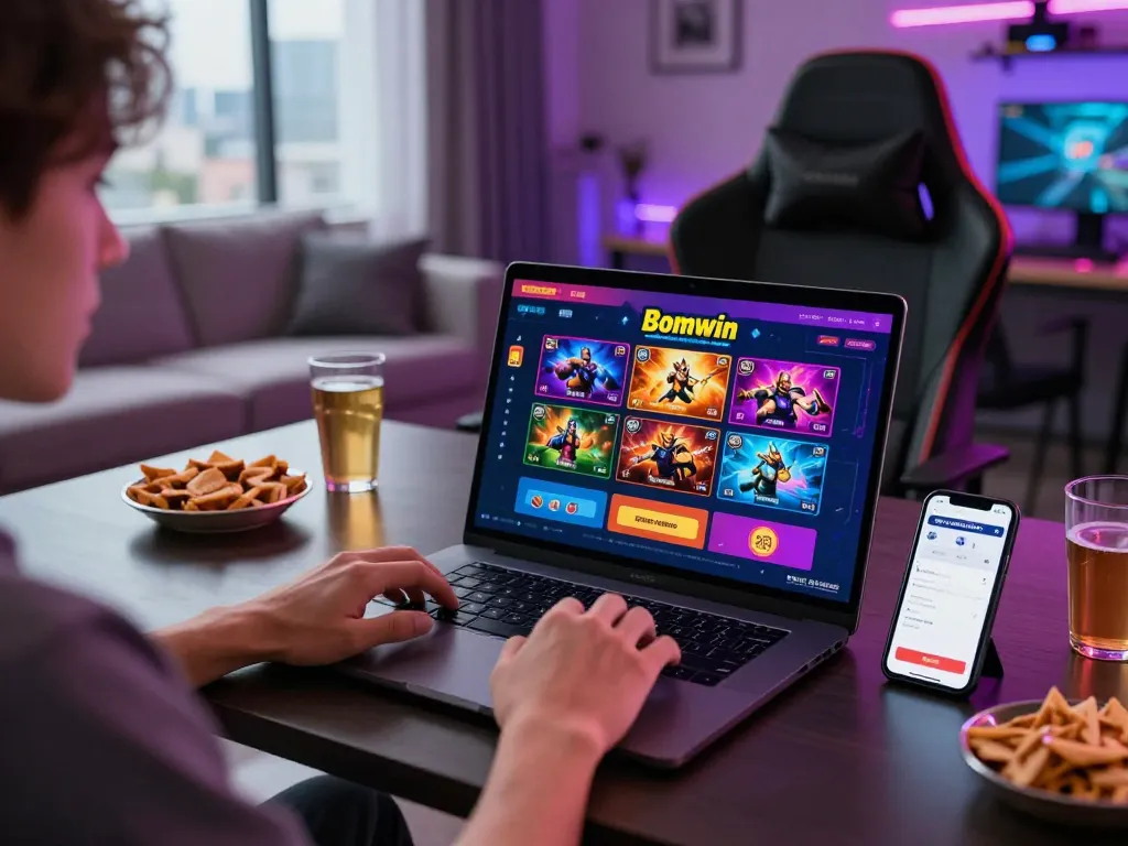 Player enjoying online gaming on Bomwin platform with vibrant visuals and snacks.