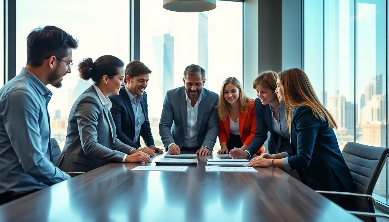 Engaged team of Quickplus Business Consultants collaborating in a vibrant office setting.