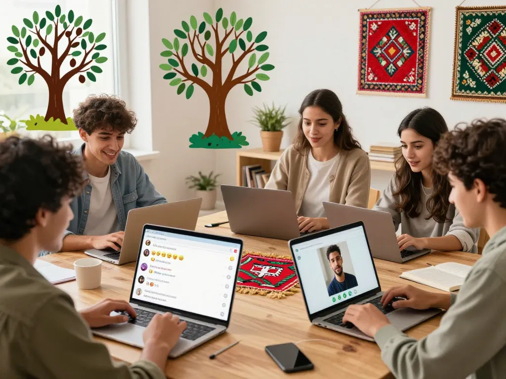 شات فلسطين engaging in lively online conversations representing Palestinian culture.