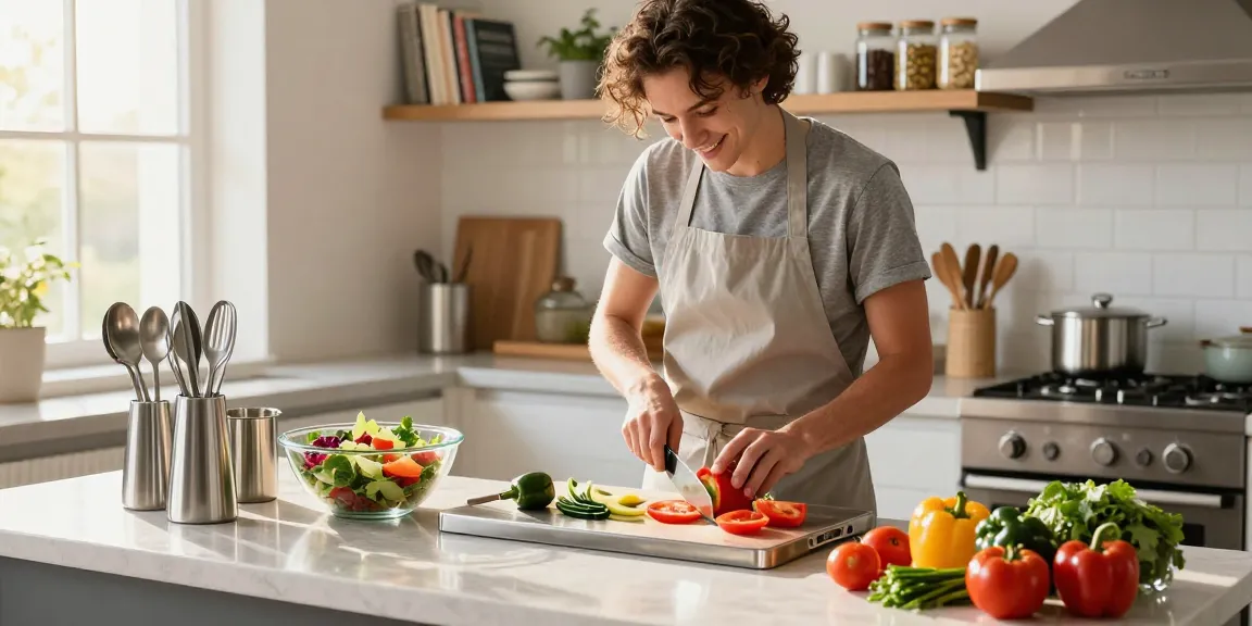 Home cook preparing fresh vegetables on a titanium cutting board in a bright kitchen.