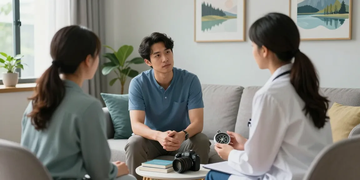 Consultation scene focusing on 抑鬱症 treatment in a warm therapy office with supportive elements.