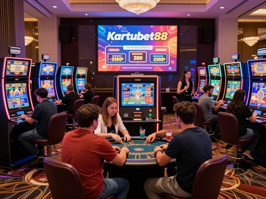 Kartubet88 gaming excitement in a vibrant casino environment, showcasing players at slot machines and card tables.
