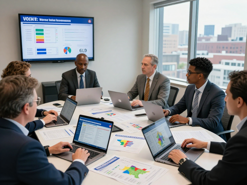 Campaign strategists reviewing political campaign marketing costs with voter data analysis in an engaging collaborative setting.