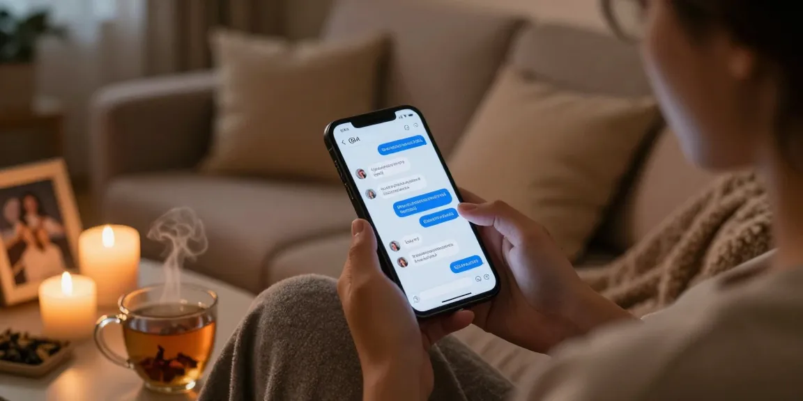 Cozy scene of a person using sexting AI on their smartphone, with ambient lighting and warm atmosphere.