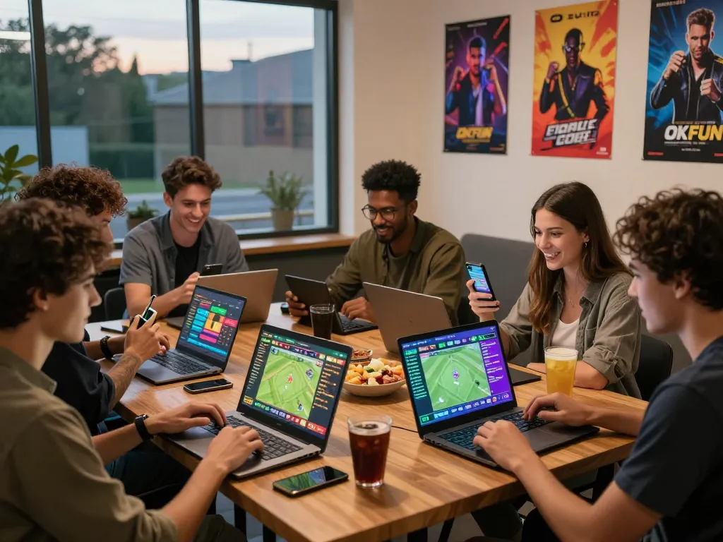 Friends enjoying online betting at OKFUN with live odds and a lively atmosphere.