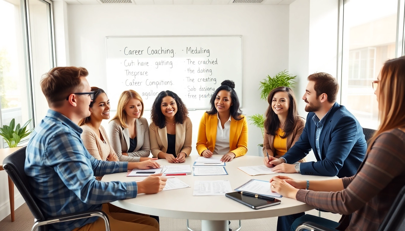 Group of professionals engaging in career coaching session with vibrant enthusiasm and collaboration