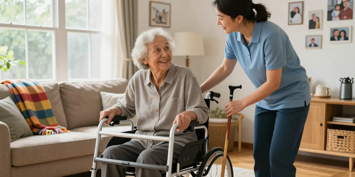 Buying nobility aids for seniors in a warm home environment with a caregiver offering support.