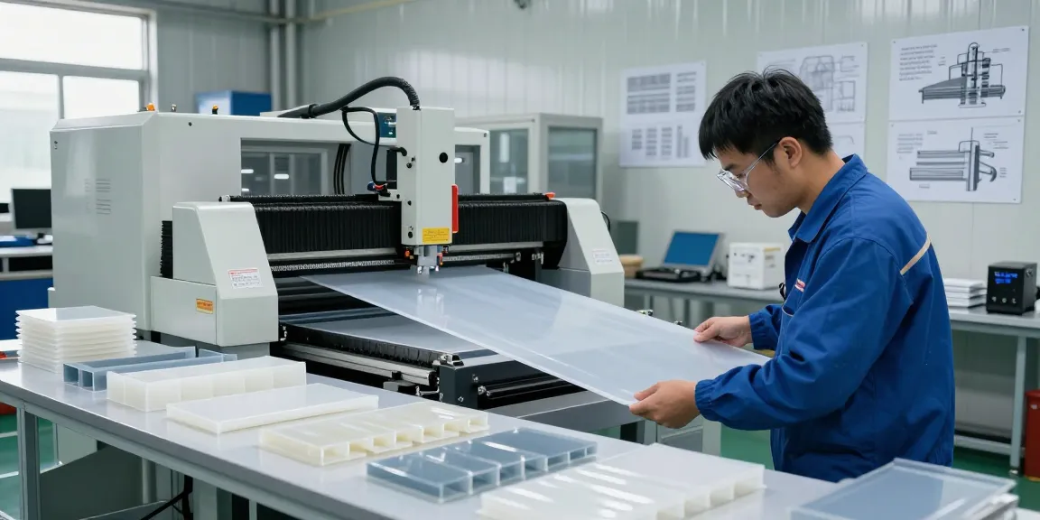 Technician inspecting semi-finished plastic sheets in a modern engineering plastics facility.
