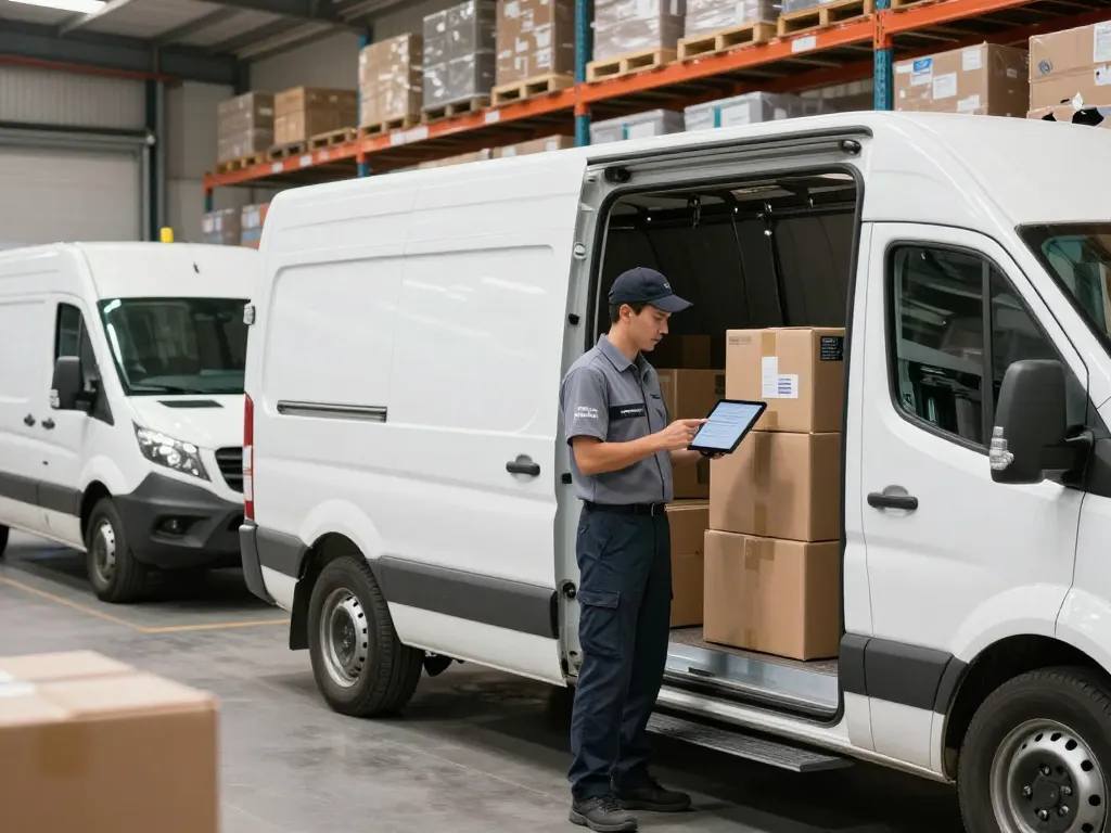 Efficient logistics operation showcasing a tracked delivery van and professional driver loading packages in a busy distribution center.