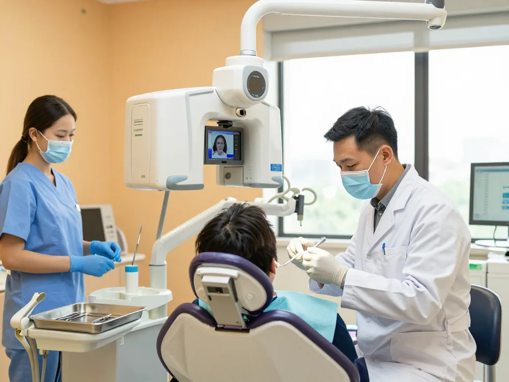 Dentist examining a patient in a modern dental clinic with advanced equipment.