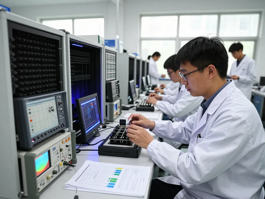 Engineer conducting ICES RF compliance testing in high-tech laboratory.