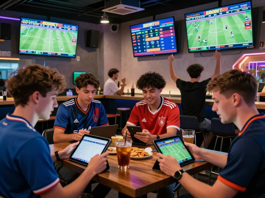 SBOBET88 live sports betting environment with excited bettors analyzing matches and odds in a vibrant lounge setting.