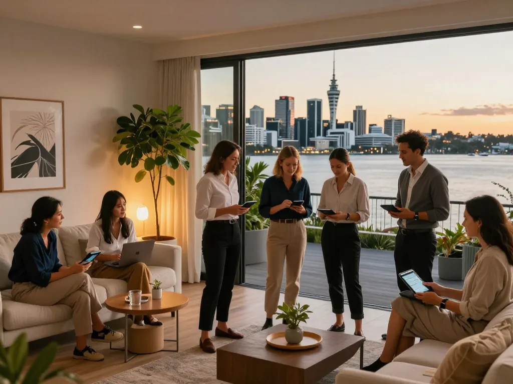 An engaging scene of professionals collaborating on Airbnb management in Auckland, showcasing vibrant city views and stylish interiors.