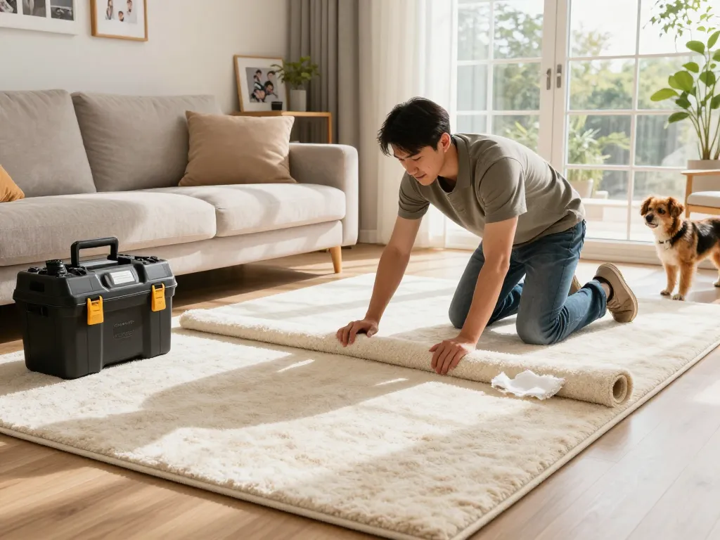 Carpet fitters near me installing luxurious carpet in a welcoming living room.