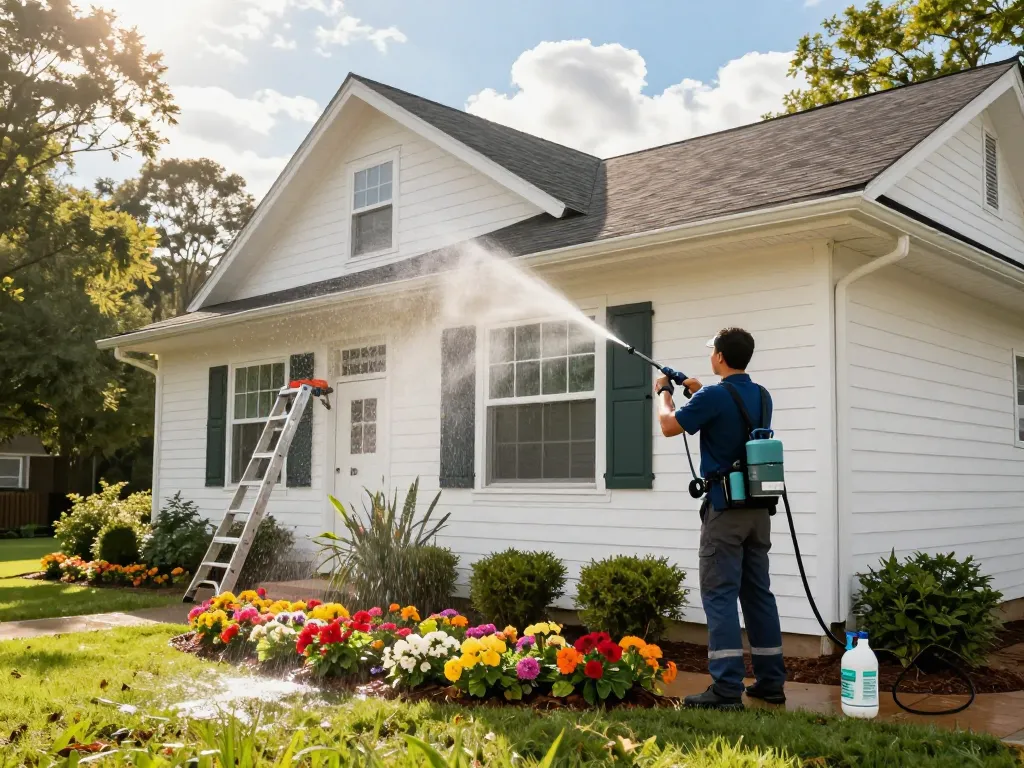 Soft washing services Atlanta: technician cleaning a bright home exterior with eco-friendly solutions under sunny skies.