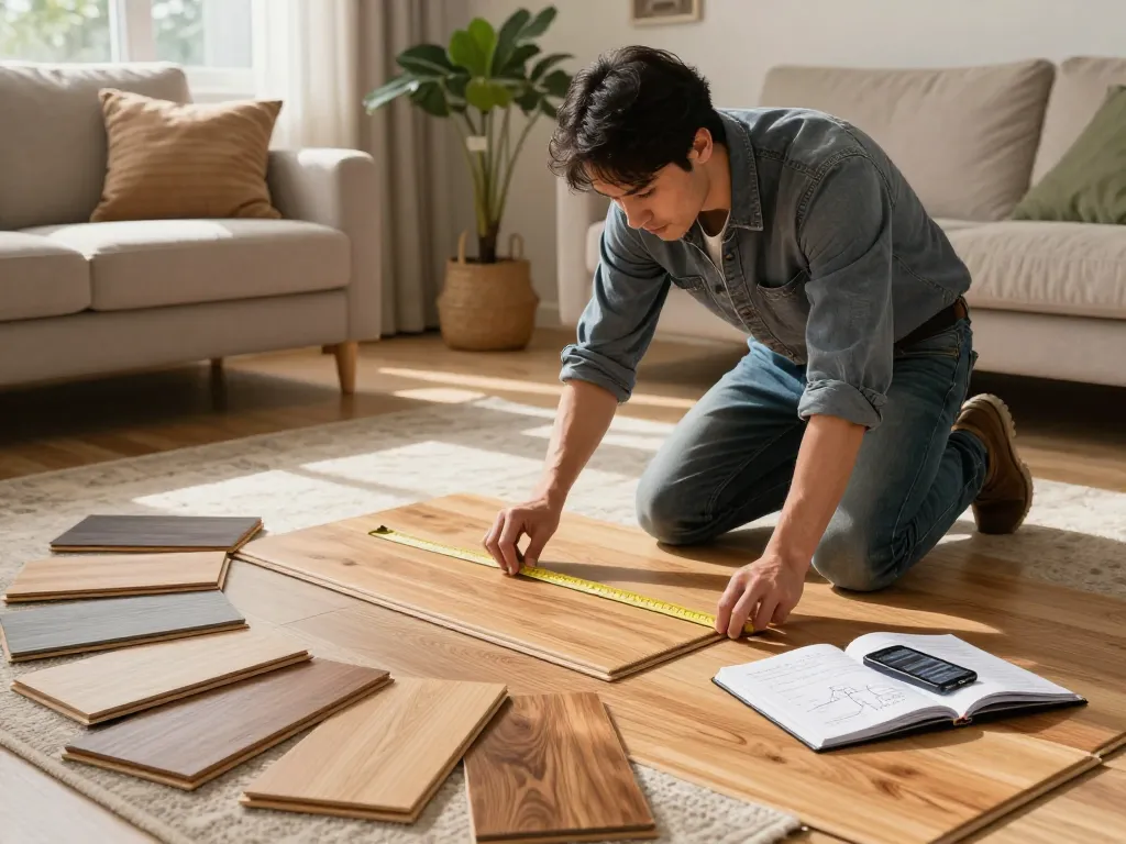 Flooring specialists near me measuring hardwood flooring in a sunlit living room, showcasing personalized service.