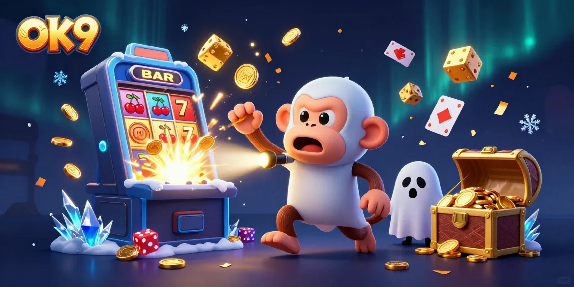 Join the excitement at OK9 with a lively casino scene featuring a mischievous monkey and a curious puppy.