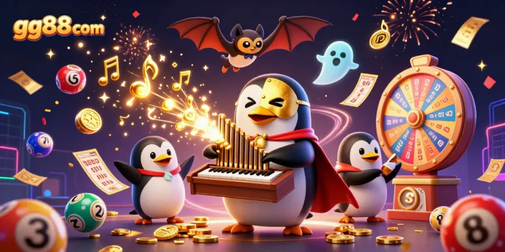 Experience the excitement of gambling with gg88com as colorful elements burst around a lively casino scene.