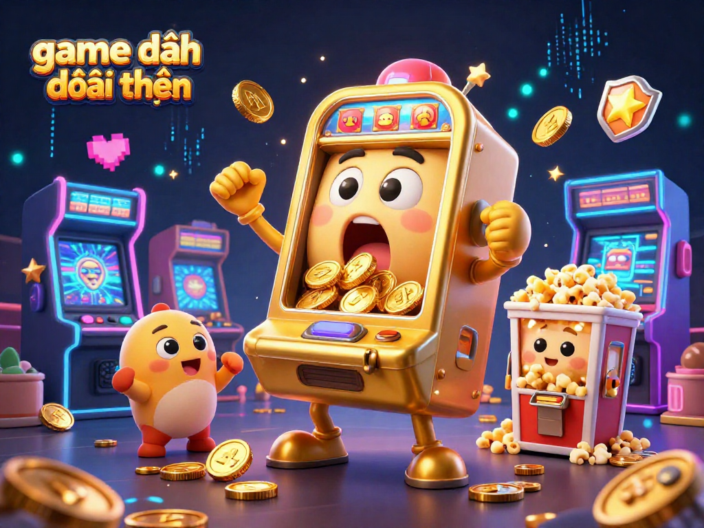 Play game đánh bài đổi thưởng with a lively, golden slot machine celebrating a jackpot, surrounded by cheerful game elements.