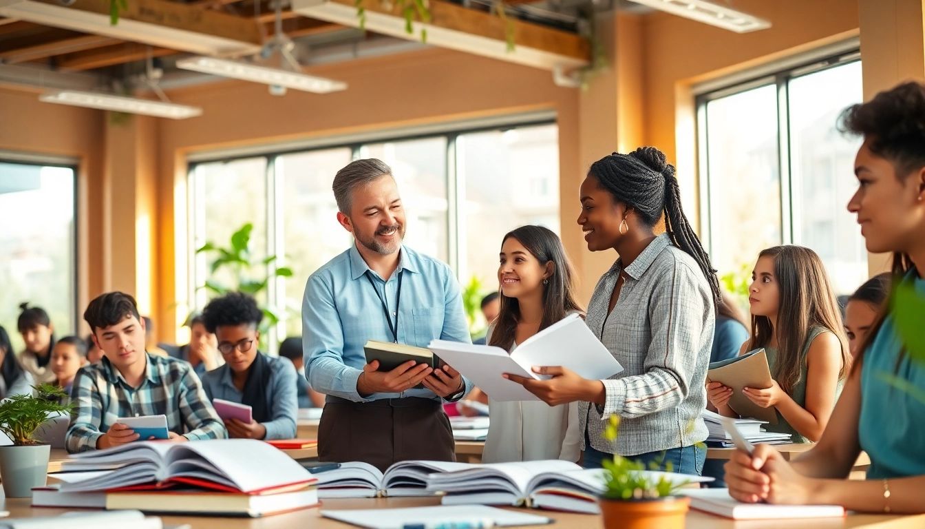 Engaging scene depicting toefl expert help with a tutor and students collaborating in a bright classroom.