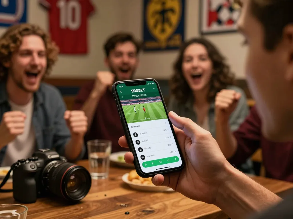 Antarmuka aplikasi mobile SBOBET yang ditampilkan di smartphone selama acara taruhan olahraga langsung, menangkap keputusan taruhan yang krusial.