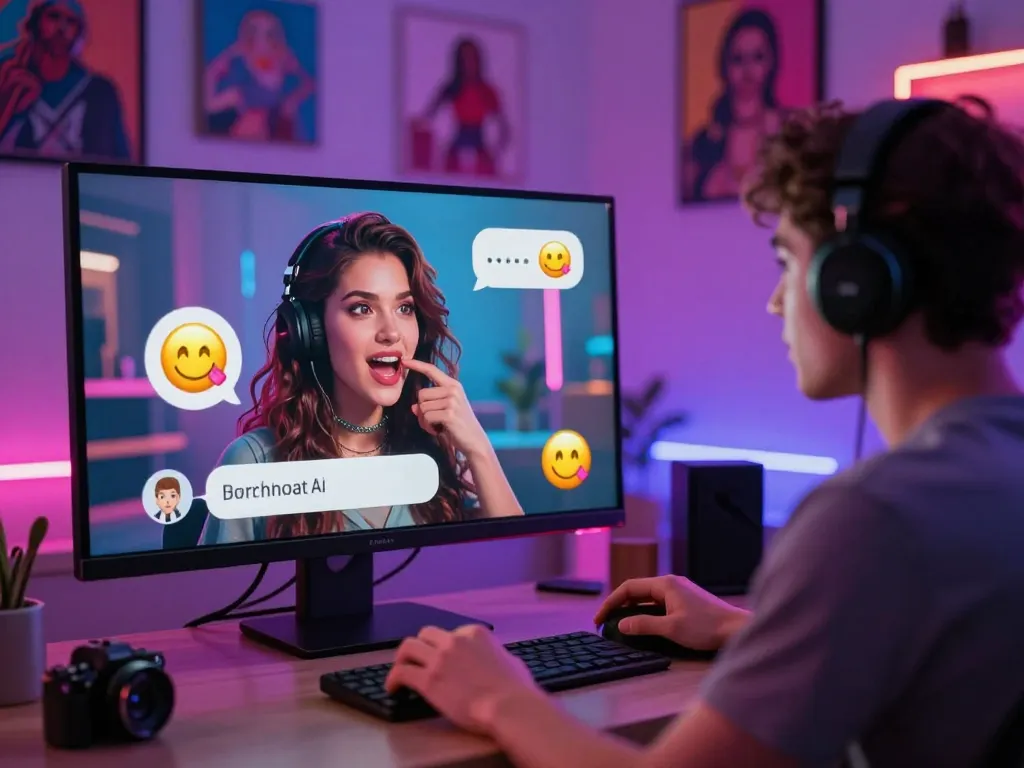 Engaging in a lively porn chat AI interaction with expressive digital character and vibrant virtual room atmosphere.