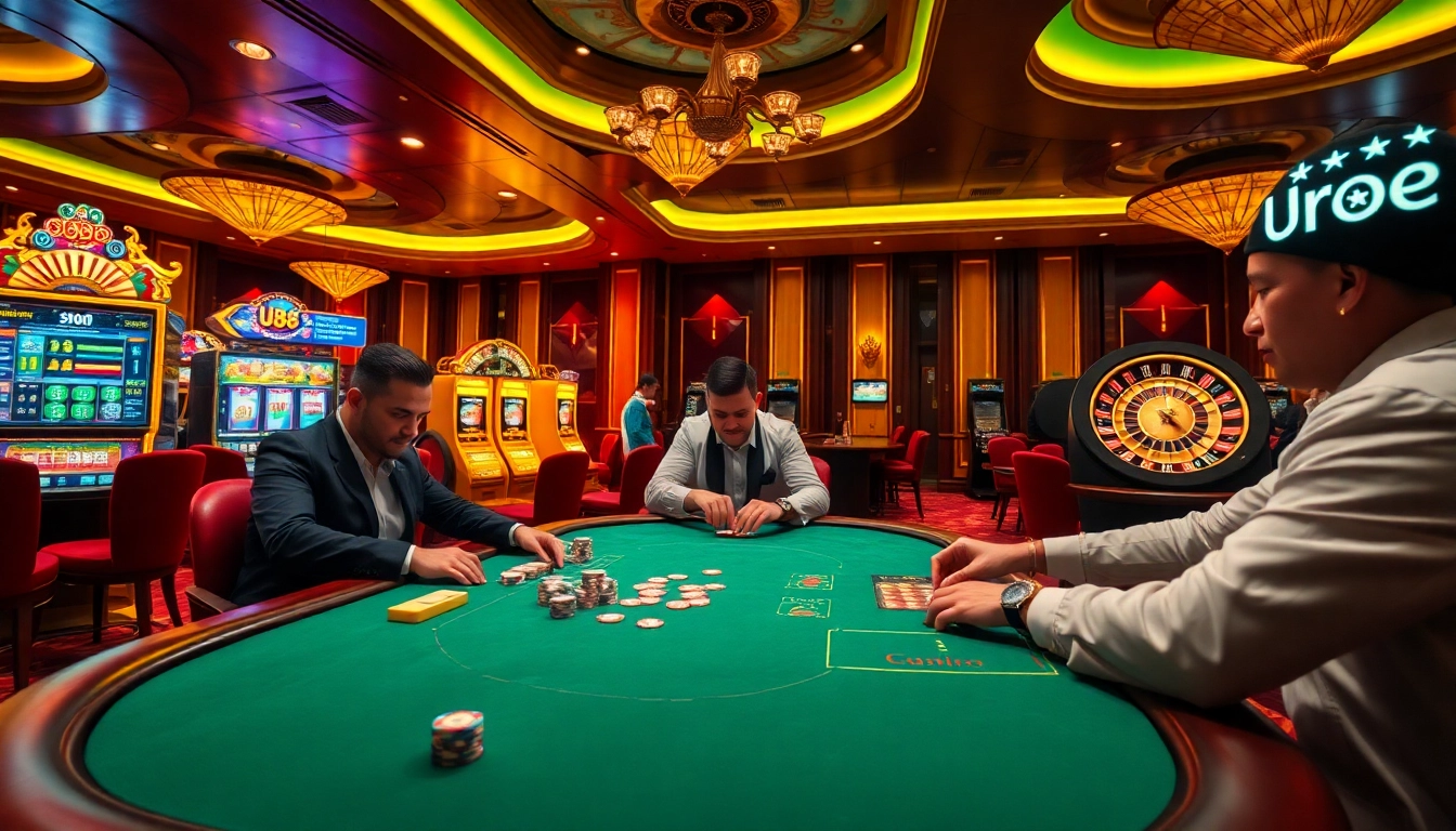 Engaging U88 casino scene featuring poker players, vibrant slot machines, and an exciting roulette wheel.