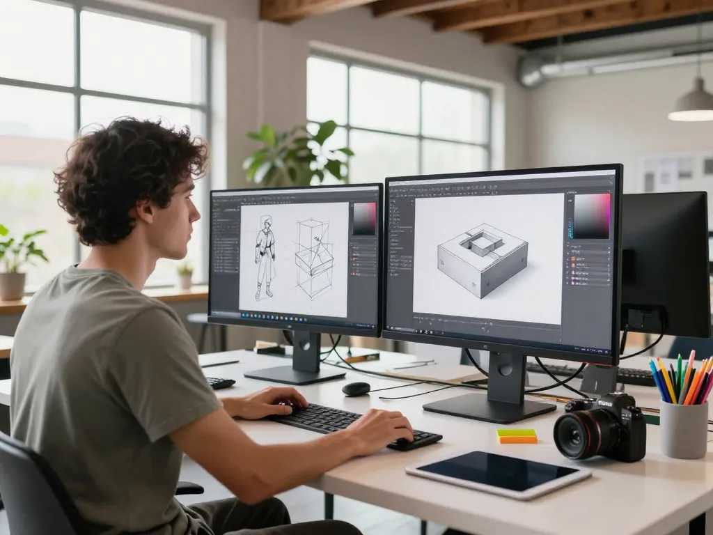 Designer turning an Image to 3D model in a vibrant studio space, showcasing creativity and digital artistry.